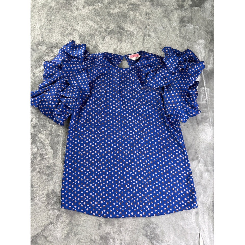 Kate Spade New York Ruffle Sleeve Blouse Womens XXS Blue Geometric Dot Top